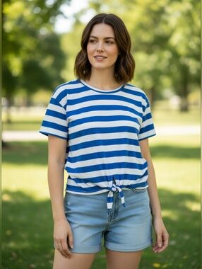 Striped Blue and White Tie-Front Short Sleeve Tee